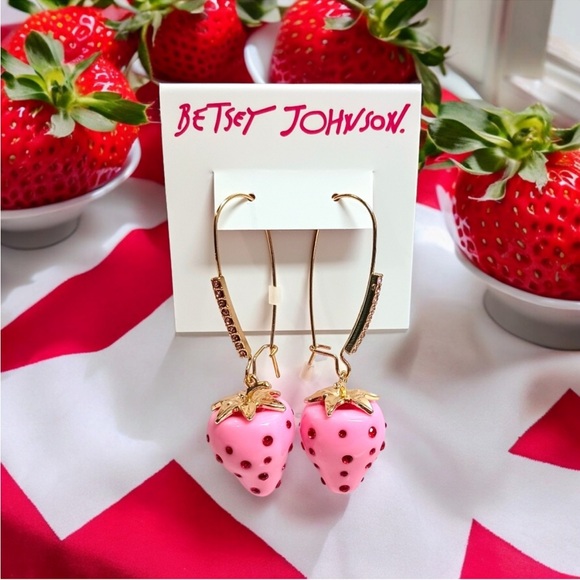 Betsey Johnson Hanging Pink/Red Strawberry Gem Drop Earrings NWT - Picture 1 of 10